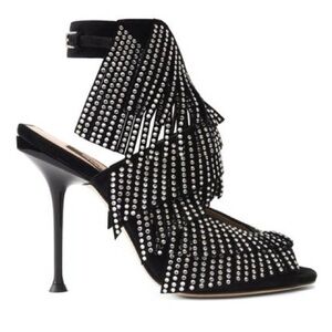 New Sergio Rossi Black Rhinestone Fringe Tiered Heels Sexy Sparkle Sz 35